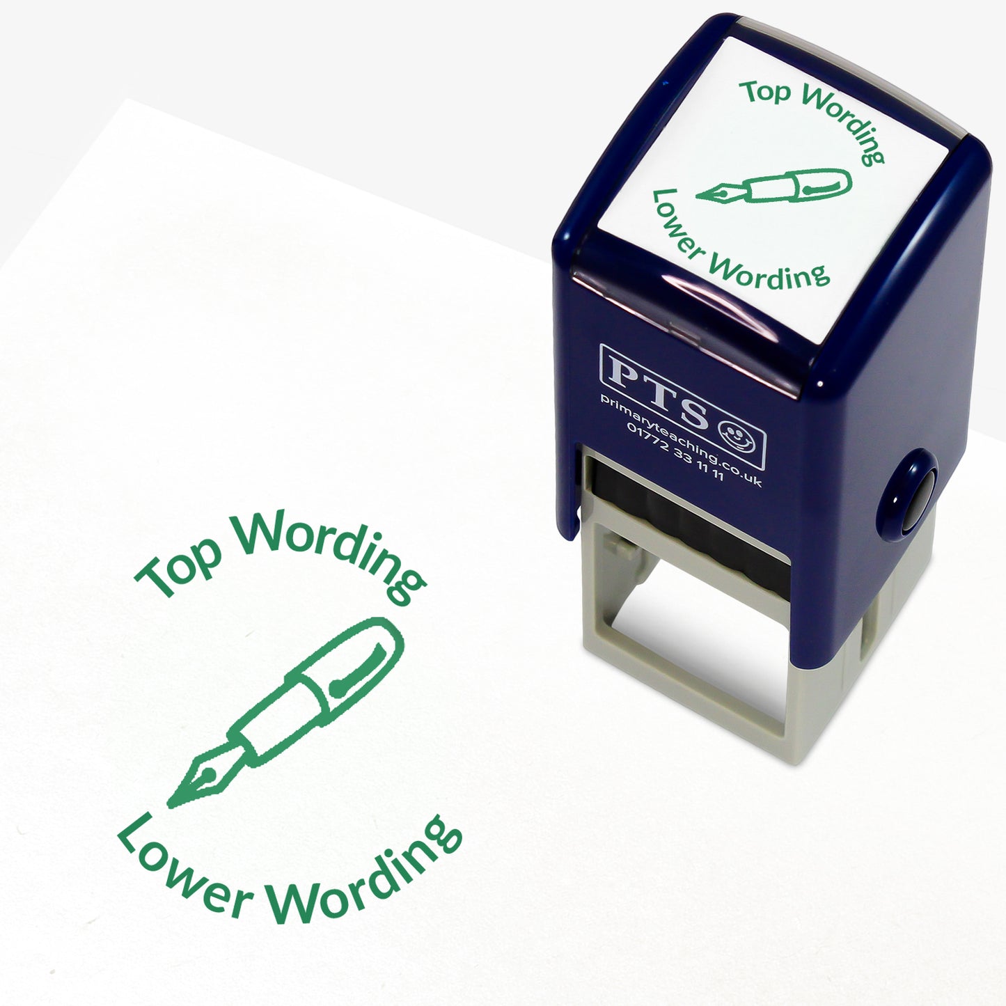 A 25mm round pre-inked teacher stamper with green ink, featuring an outline of a fountain pen, curving above the image is space for personalisation 'Top Wording' and curving below the image is space for personalisation 'Lower Wording' in a clear, bold font.
