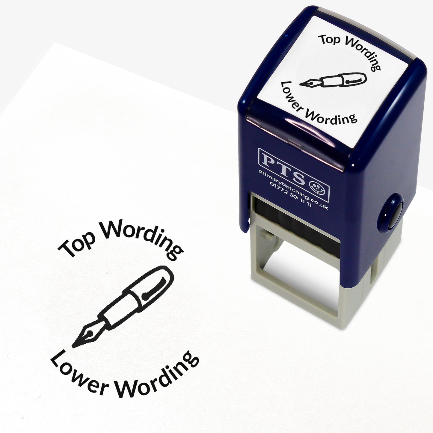 A 25mm round pre-inked teacher stamper with black ink, featuring an outline of a fountain pen, curving above the image is space for personalisation 'Top Wording' and curving below the image is space for personalisation 'Lower Wording' in a clear, bold font.