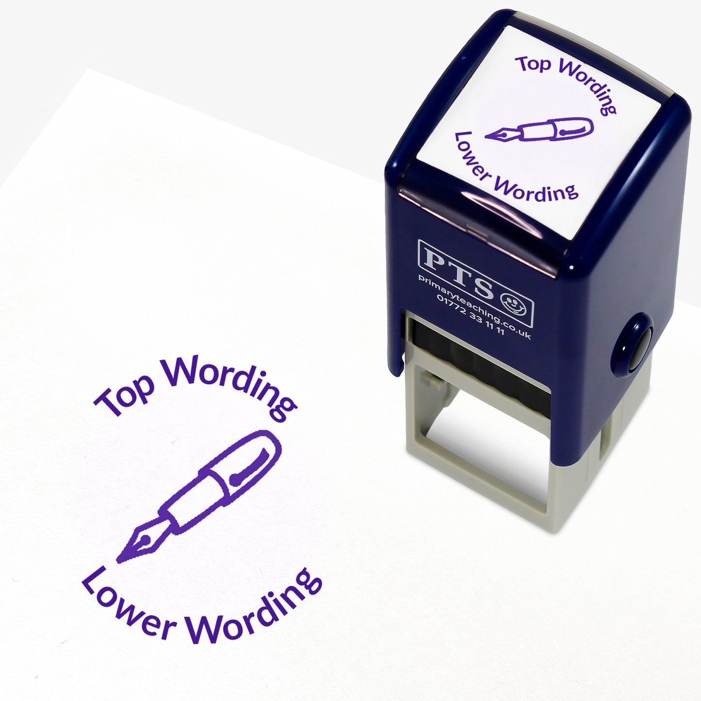 A 25mm round pre-inked teacher stamper with purple ink, featuring an outline of a fountain pen, curving above the image is space for personalisation 'Top Wording' and curving below the image is space for personalisation 'Lower Wording' in a clear, bold font.