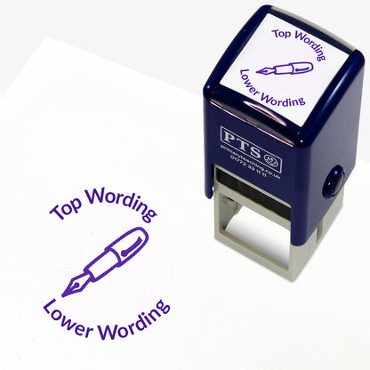 A 25mm round pre-inked teacher stamper with purple ink, featuring an outline of a fountain pen, curving above the image is space for personalisation 'Top Wording' and curving below the image is space for personalisation 'Lower Wording' in a clear, bold font.