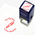 A 25mm round pre-inked teacher stamper with red ink, featuring an outline of a fountain pen, curving above the image is space for personalisation 'Top Wording' and curving below the image is space for personalisation 'Lower Wording' in a clear, bold font.
