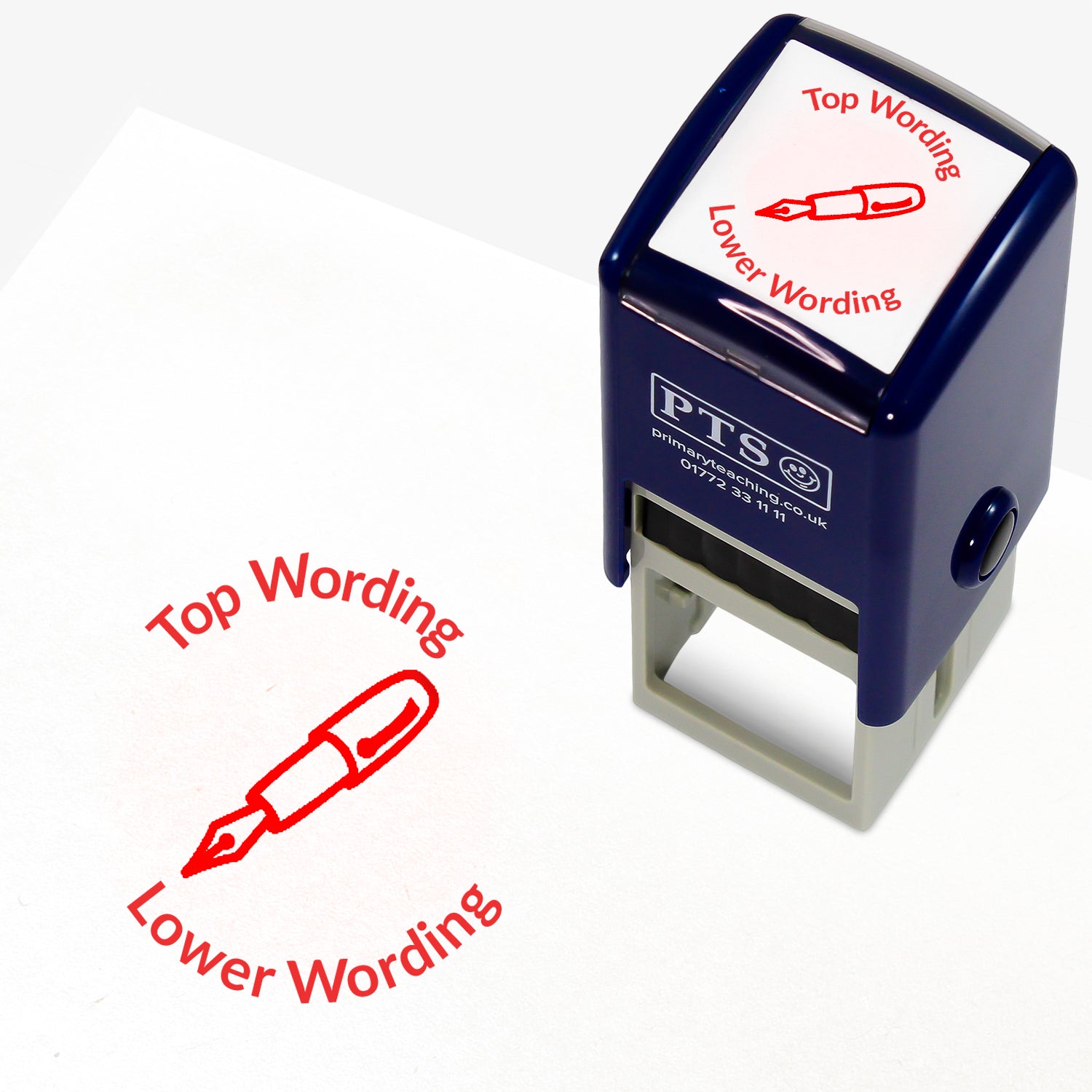 A 25mm round pre-inked teacher stamper with red ink, featuring an outline of a fountain pen, curving above the image is space for personalisation 'Top Wording' and curving below the image is space for personalisation 'Lower Wording' in a clear, bold font.