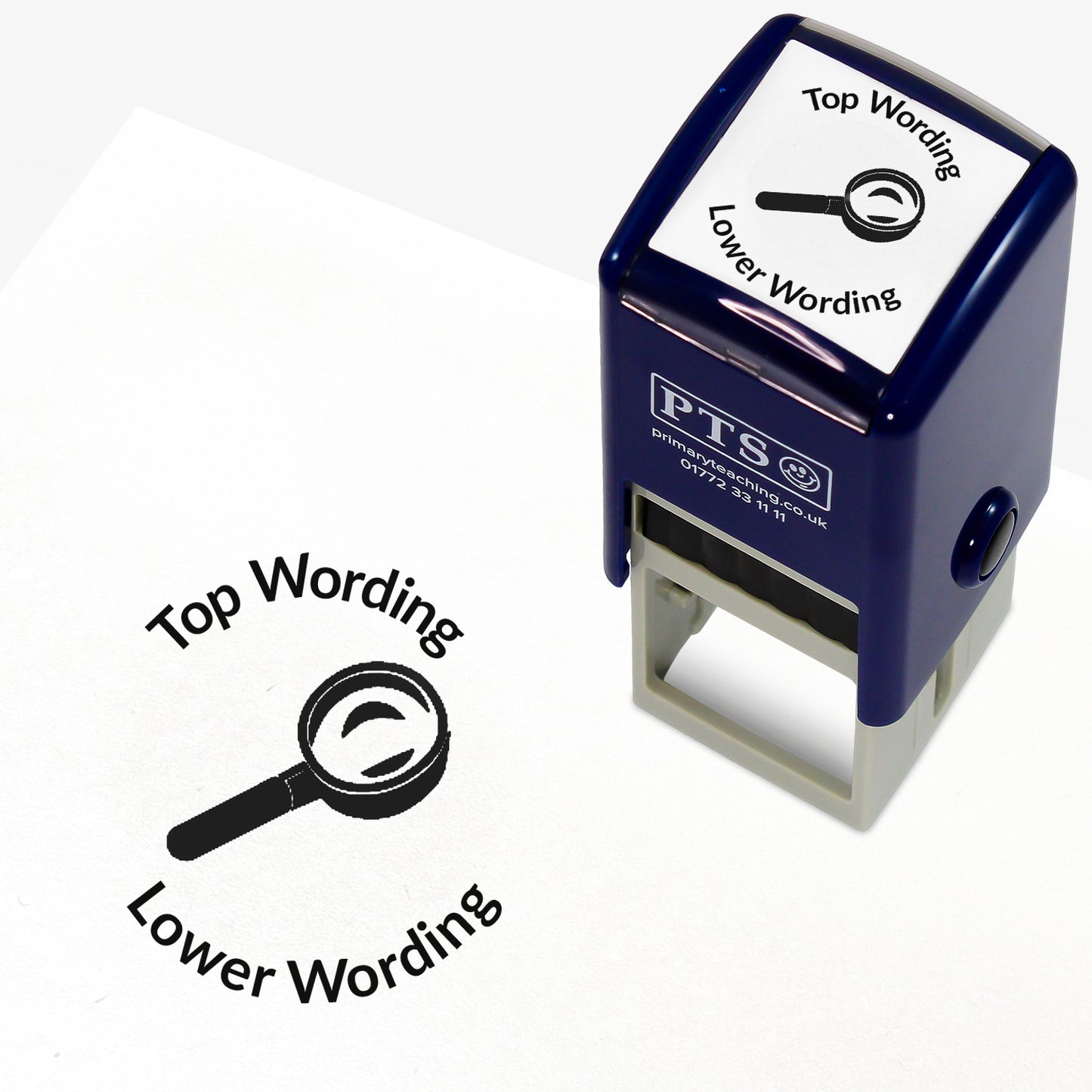 A 25mm round pre-inked teacher stamper with black ink, featuring a magnifying glass, curving above the image is space for personalisation 'Top Wording' and curving below the image is space for personalisation 'Lower Wording' in a clear, bold font.