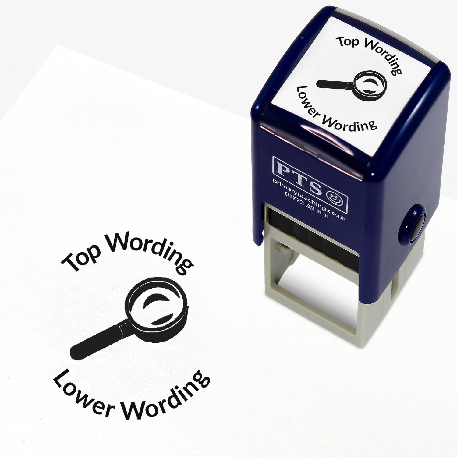 A 25mm round pre-inked teacher stamper with black ink, featuring a magnifying glass, curving above the image is space for personalisation 'Top Wording' and curving below the image is space for personalisation 'Lower Wording' in a clear, bold font.