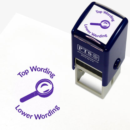 A 25mm round pre-inked teacher stamper with purple ink, featuring a magnifying glass, curving above the image is space for personalisation 'Top Wording' and curving below the image is space for personalisation 'Lower Wording' in a clear, bold font.