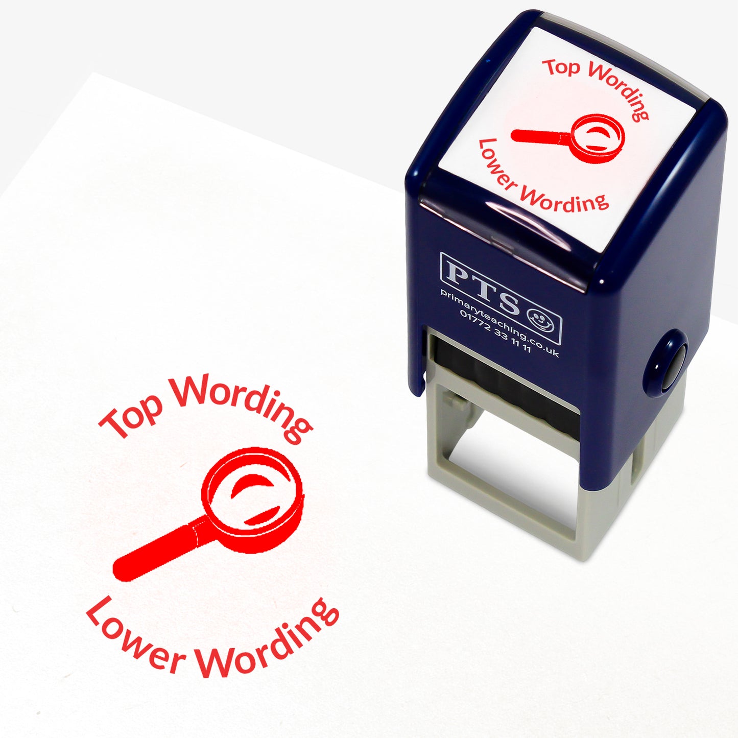 A 25mm round pre-inked teacher stamper with red ink, featuring a magnifying glass, curving above the image is space for personalisation 'Top Wording' and curving below the image is space for personalisation 'Lower Wording' in a clear, bold font.