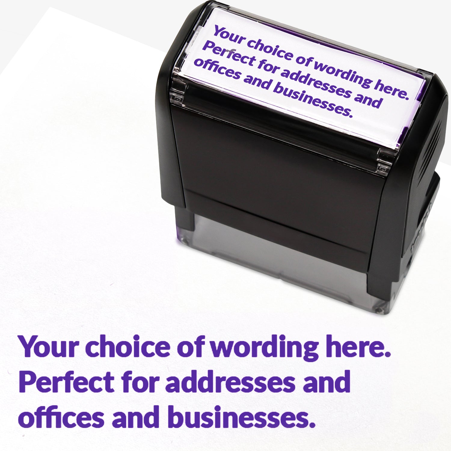 Rectangular self-inking stamper measuring 58mm by 22mm with purple ink; featuring the space for personalisation 'Your choice of wording here. Perfect stamper for addresses and offices and businesses.' in a clear, bold font across 3 lines