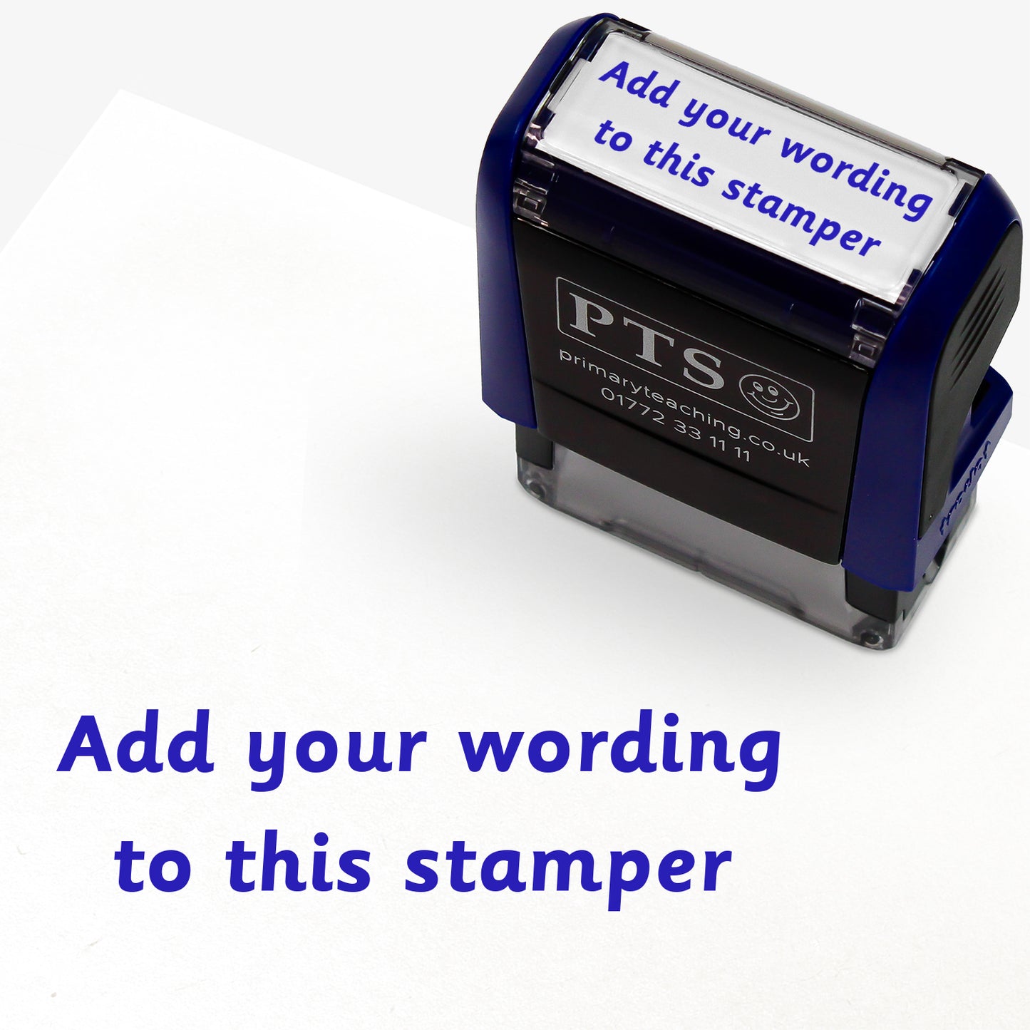 Customisable self-inking teacher stamper sized 18mm x 14mm.  The stamp imprint shows 2 lines saying 'Add your wording to this stamper' in blue text, indicating personalisation options.