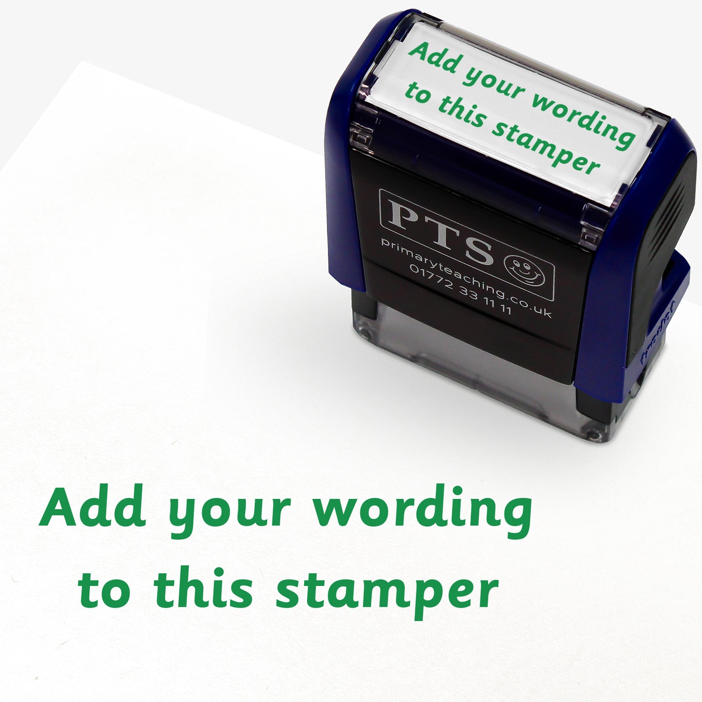 Customisable self-inking teacher stamper sized 18mm x 14mm.  The stamp imprint shows 2 lines saying 'Add your wording to this stamper' in green text, indicating personalisation options.