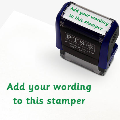 Customisable self-inking teacher stamper sized 18mm x 14mm.  The stamp imprint shows 2 lines saying 'Add your wording to this stamper' in green text, indicating personalisation options.