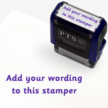 Customisable self-inking teacher stamper sized 18mm x 14mm.  The stamp imprint shows 2 lines saying 'Add your wording to this stamper' in purple text, indicating personalisation options.