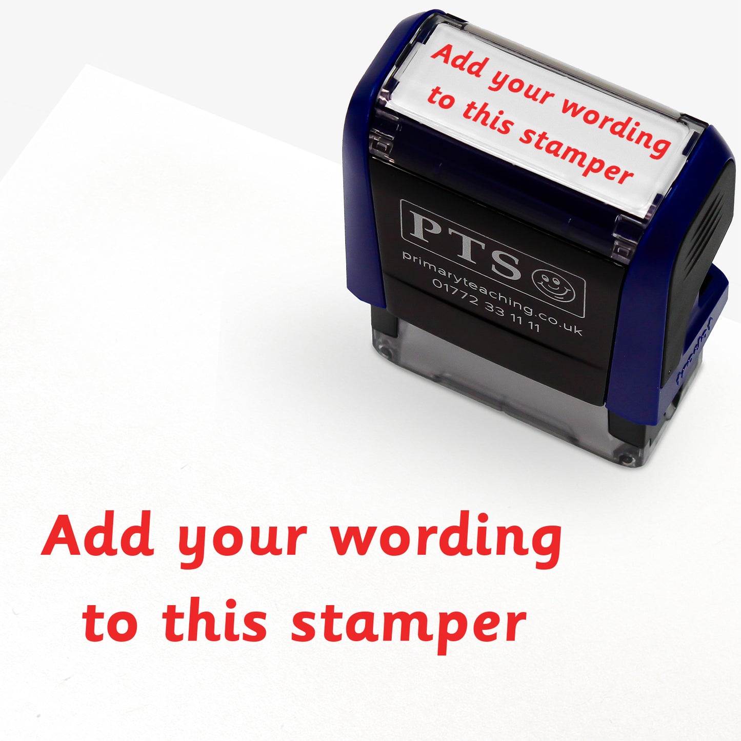 Customisable self-inking teacher stamper sized 18mm x 14mm.  The stamp imprint shows 2 lines saying 'Add your wording to this stamper' in red text, indicating personalisation options.