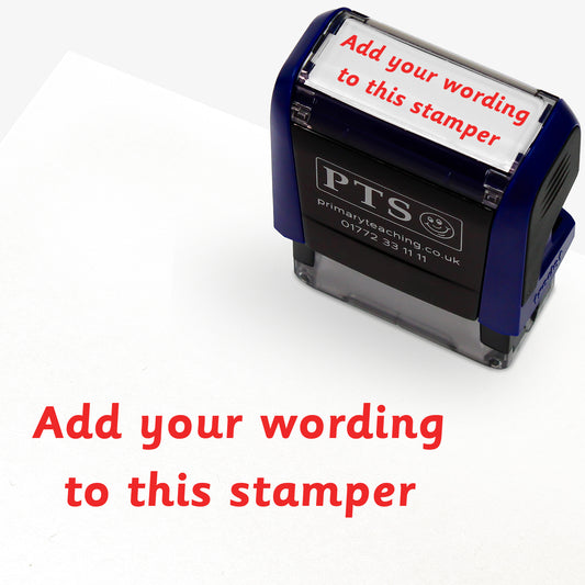 Customisable self-inking teacher stamper sized 18mm x 14mm.  The stamp imprint shows 2 lines saying 'Add your wording to this stamper' in red text, indicating personalisation options.