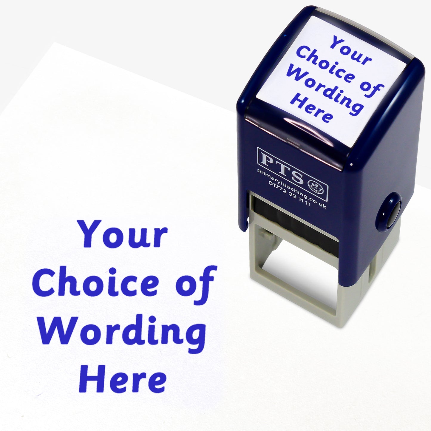 A 25mm pre-inked stamper with blue ink, featuring the space for personalisation 'Your Choice of Wording Here' in a clear, bold font across 4 lines.