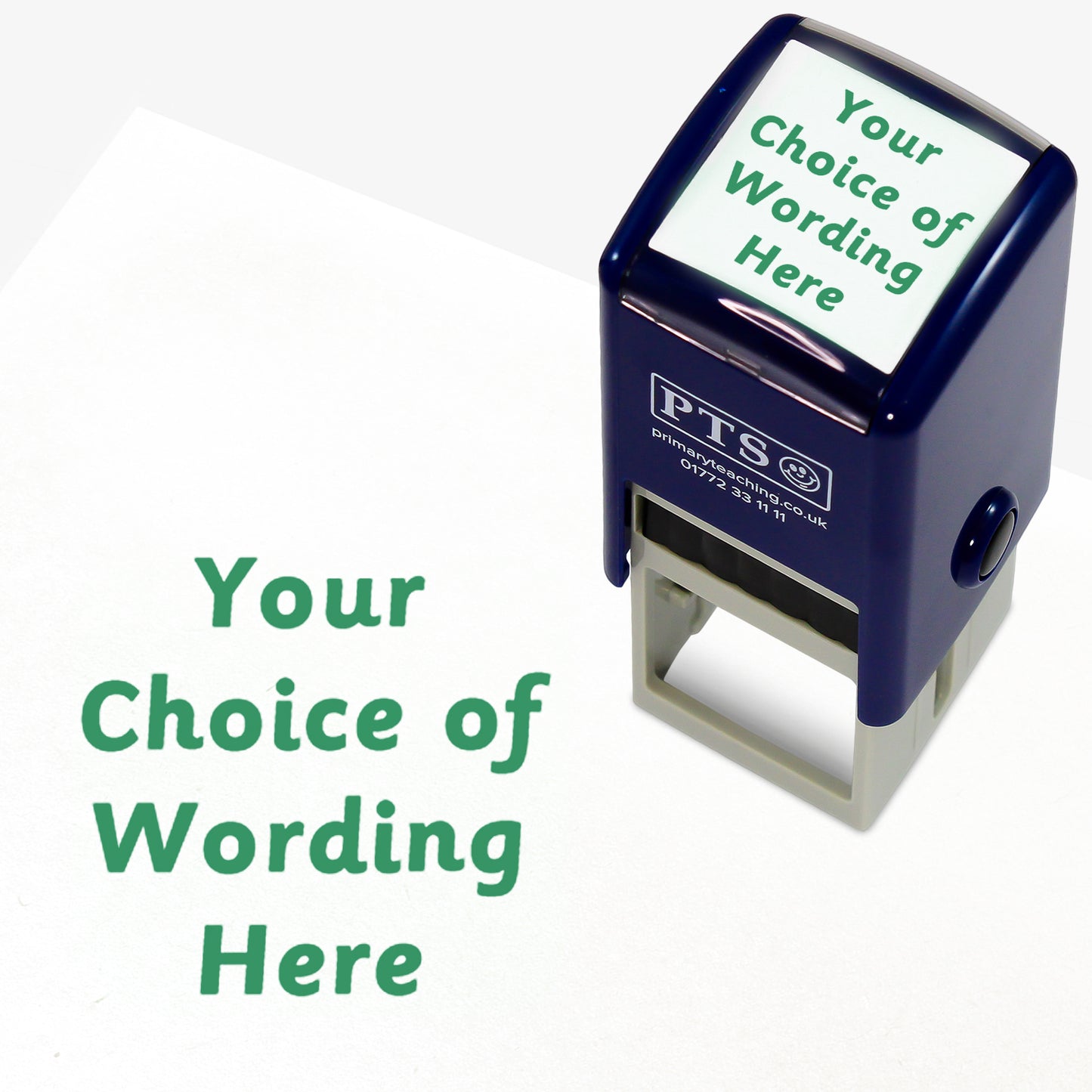 A 25mm pre-inked stamper with green ink, featuring the space for personalisation 'Your Choice of Wording Here' in a clear, bold font across 4 lines.