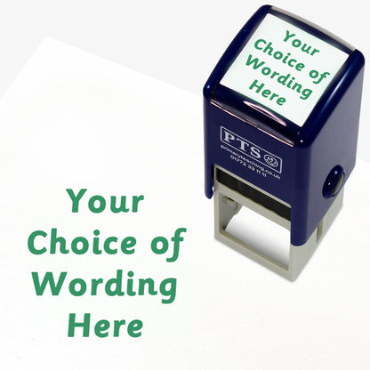A 25mm pre-inked stamper with green ink, featuring the space for personalisation 'Your Choice of Wording Here' in a clear, bold font across 4 lines.
