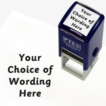 A 25mm pre-inked stamper with black ink, featuring the space for personalisation 'Your Choice of Wording Here' in a clear, bold font across 4 lines.