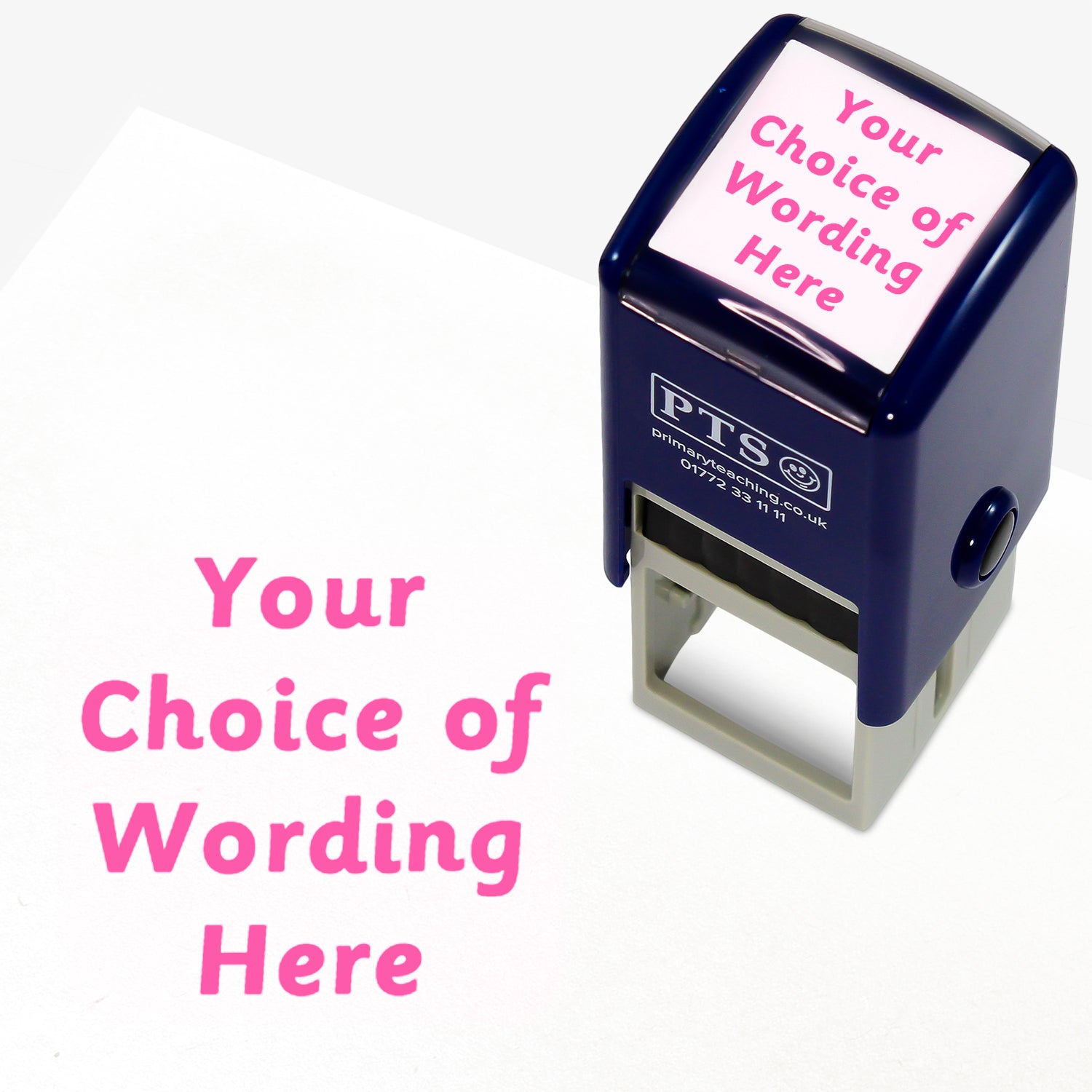 A 25mm pre-inked stamper with pink ink, featuring the space for personalisation 'Your Choice of Wording Here' in a clear, bold font across 4 lines.