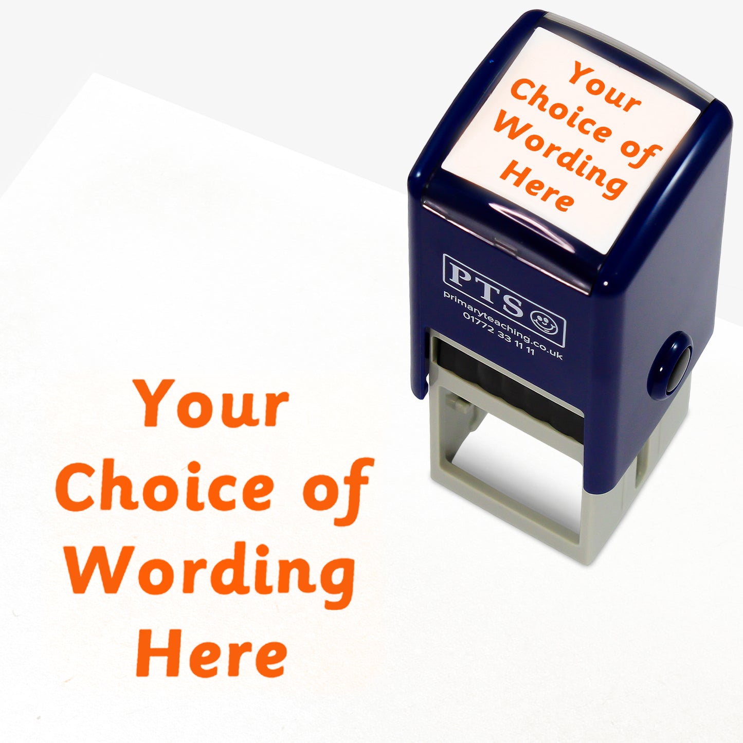 A 25mm pre-inked stamper with orange ink, featuring the space for personalisation 'Your Choice of Wording Here' in a clear, bold font across 4 lines.