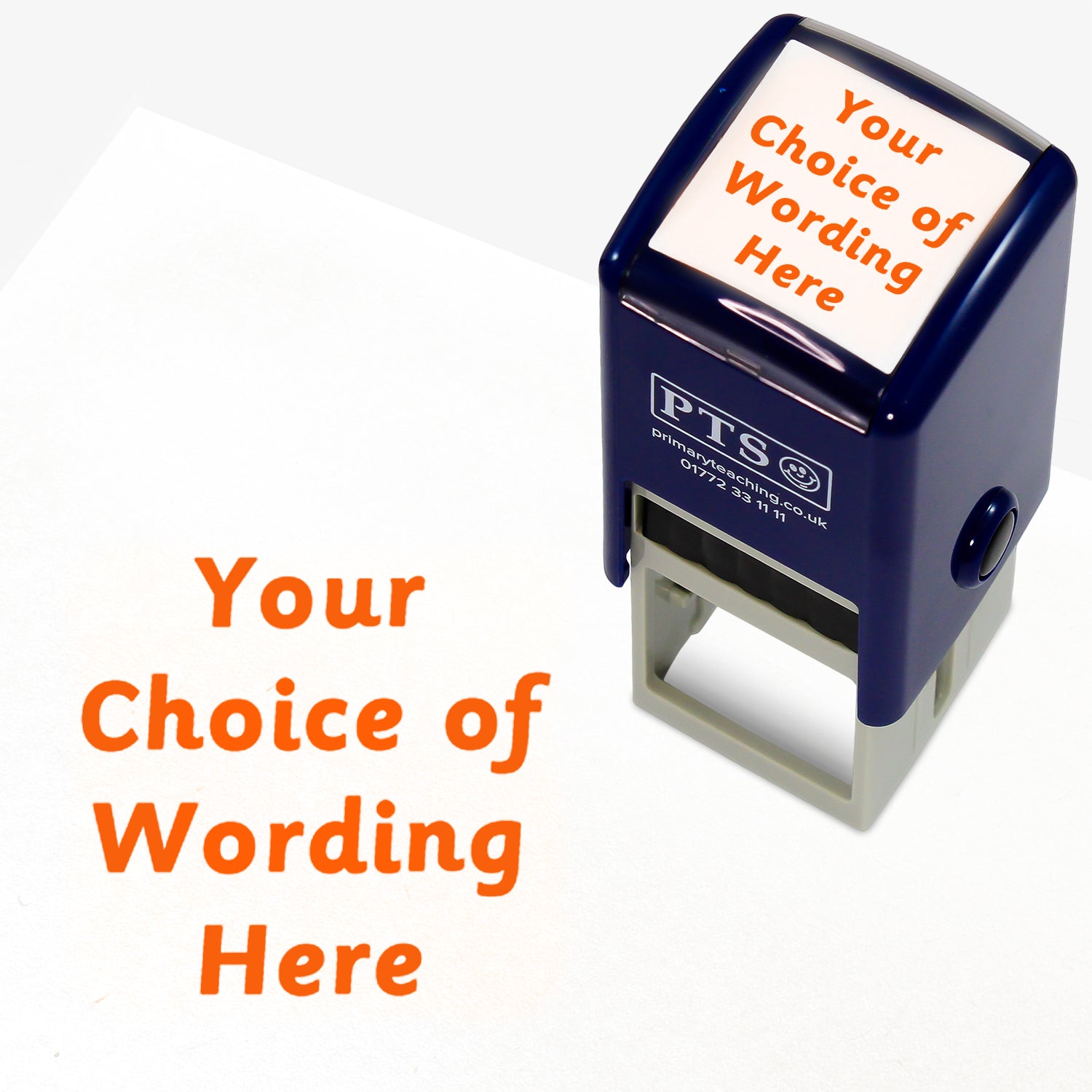 A 25mm pre-inked stamper with orange ink, featuring the space for personalisation 'Your Choice of Wording Here' in a clear, bold font across 4 lines.