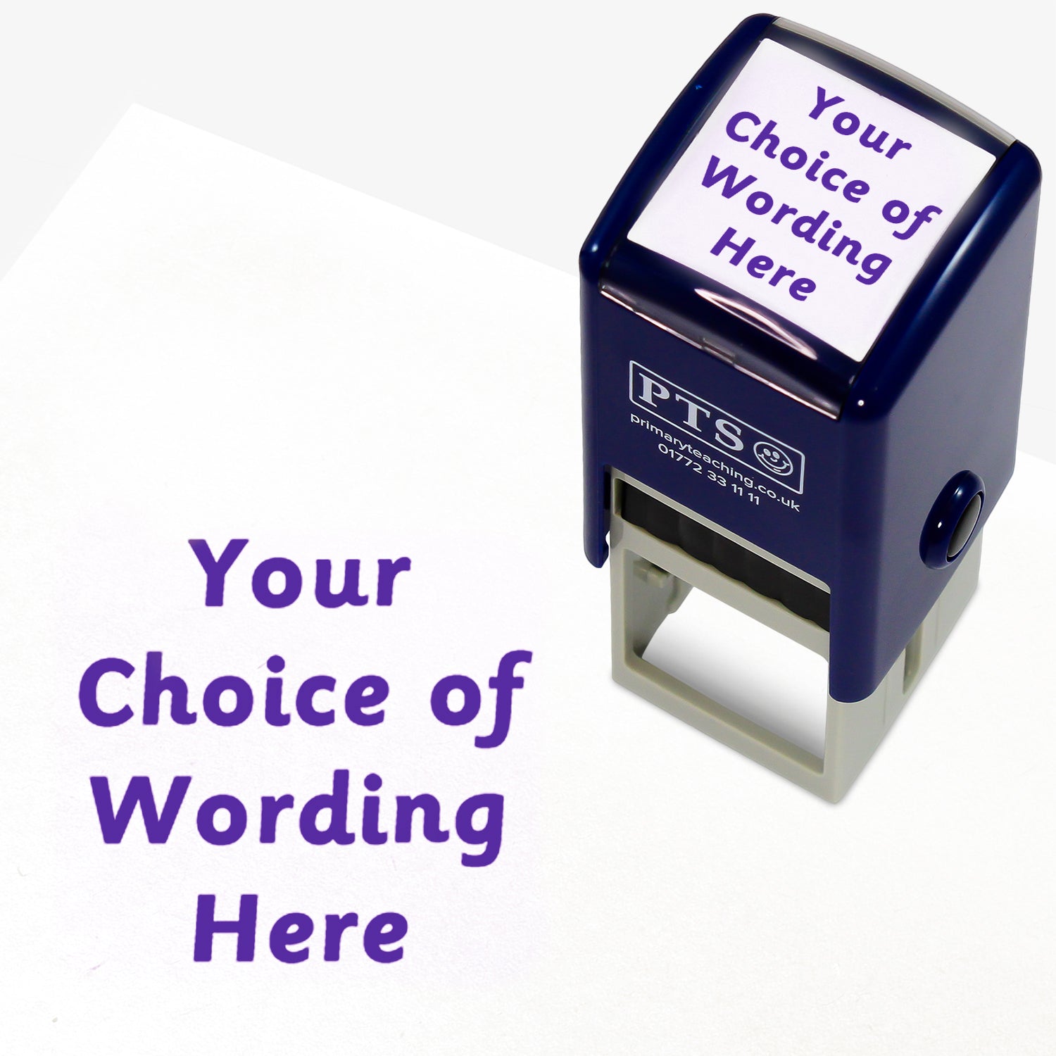 A 25mm pre-inked stamper with pink ink, featuring the space for personalisation 'Your Choice of Wording Here' in a clear, bold font across 4 lines.