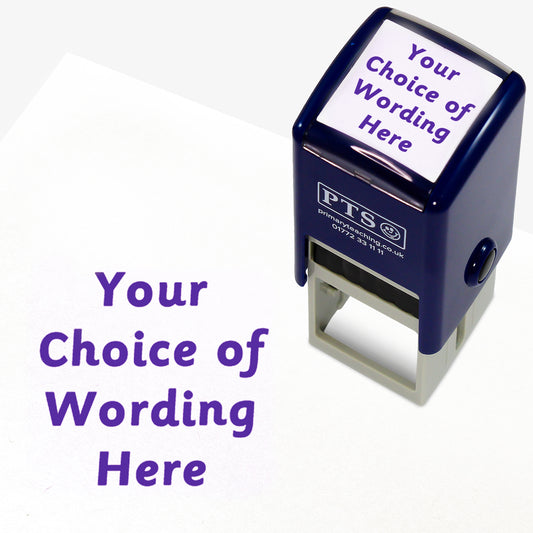 A 25mm pre-inked stamper with pink ink, featuring the space for personalisation 'Your Choice of Wording Here' in a clear, bold font across 4 lines.