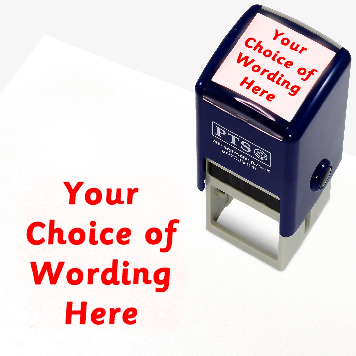 A 25mm pre-inked stamper with red ink, featuring the space for personalisation 'Your Choice of Wording Here' in a clear, bold font across 4 lines.