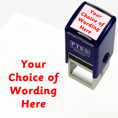 A 25mm pre-inked stamper with red ink, featuring the space for personalisation 'Your Choice of Wording Here' in a clear, bold font across 4 lines.