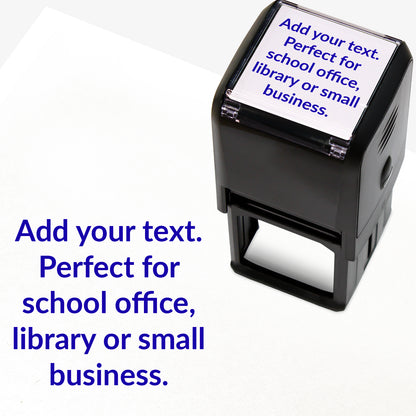 A 40mm pre-inked stamper with blue ink, featuring the space for personalisation 'Add your text. Perfect for school office, library or small business.' in a clear, bold font across 5 lines.