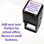 A 40mm pre-inked stamper with purple ink, featuring the space for personalisation 'Add your text. Perfect for school office, library or small business.' in a clear, bold font across 5 lines.