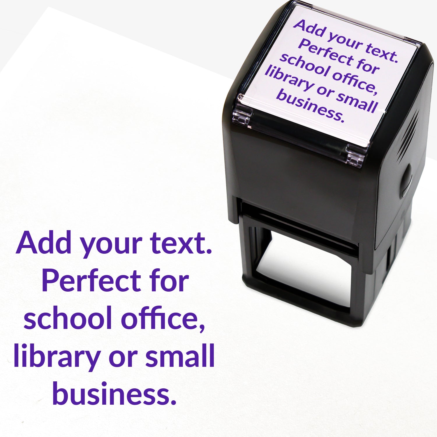 A 40mm pre-inked stamper with purple ink, featuring the space for personalisation 'Add your text. Perfect for school office, library or small business.' in a clear, bold font across 5 lines.