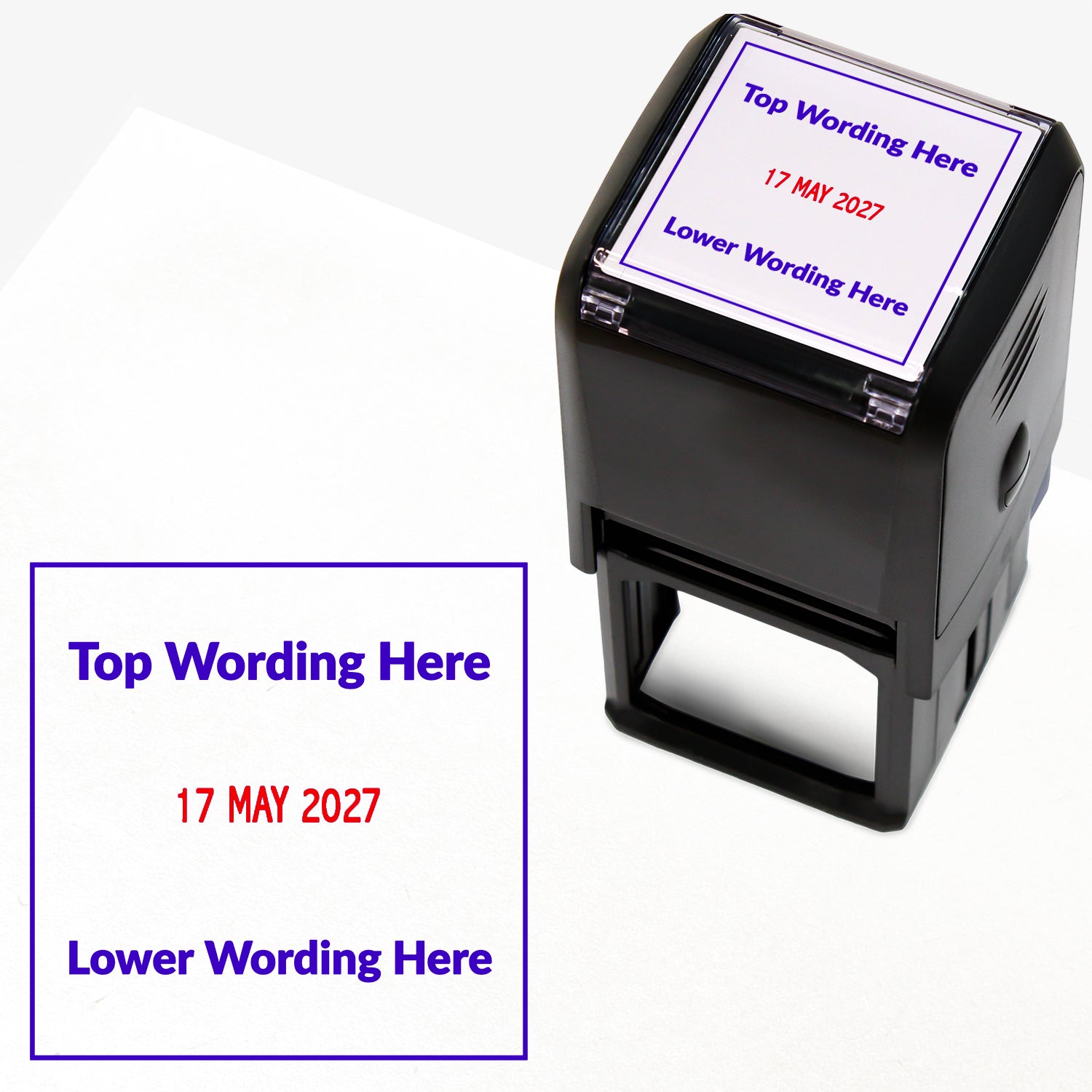 A self-inking stamp with blue and red ink. The impression within ablue square includes the date '31 DEC 2031' in the centre in red ink, with the blue text 'Top Wording Here' along the top edge and 'Lower Wording Here' along the bottom edge of the square.
