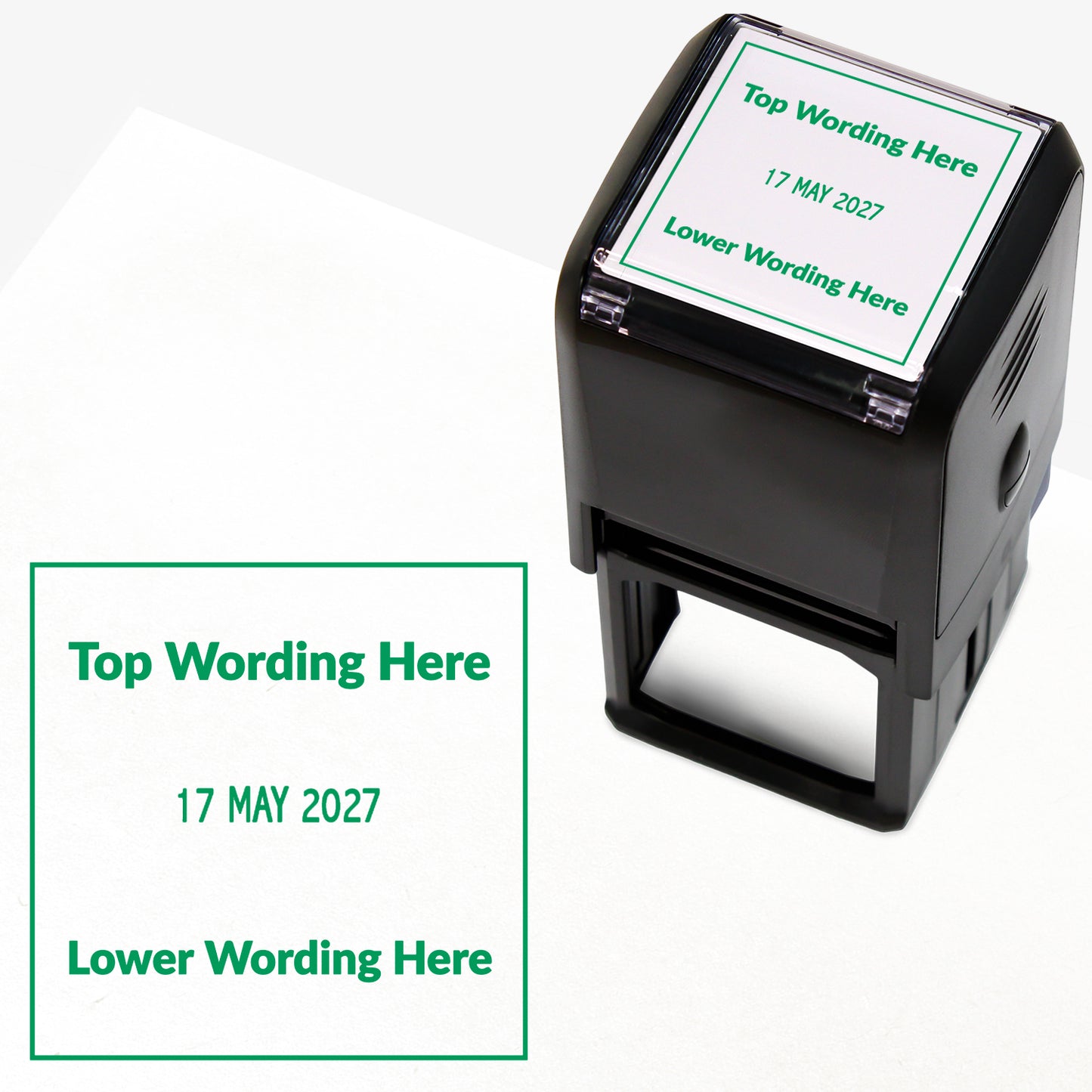 A self-inking stamp with green ink. The impression within a green square includes the date '31 DEC 2031' in the centre, with the green text 'Top Wording Here' along the top edge and 'Lower Wording Here' along the bottom edge of the square.