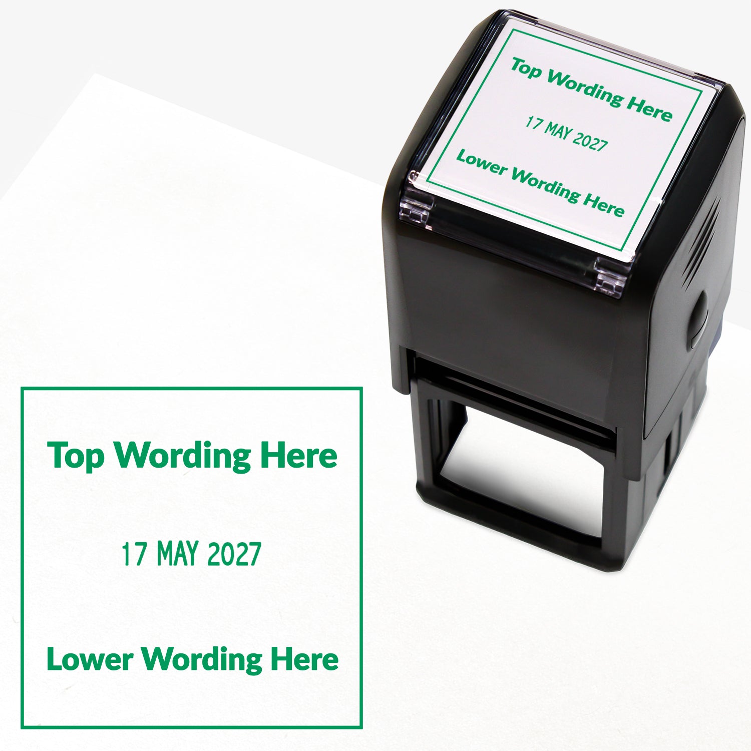 A self-inking stamp with green ink. The impression within a green square includes the date '31 DEC 2031' in the centre, with the green text 'Top Wording Here' along the top edge and 'Lower Wording Here' along the bottom edge of the square.