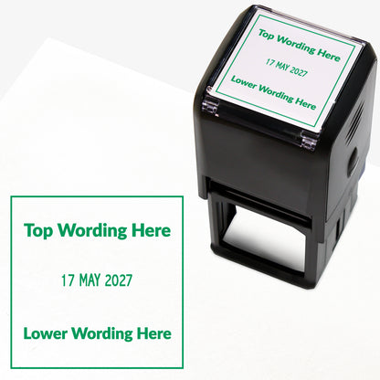 A self-inking stamp with green ink. The impression within a green square includes the date '31 DEC 2031' in the centre, with the green text 'Top Wording Here' along the top edge and 'Lower Wording Here' along the bottom edge of the square.