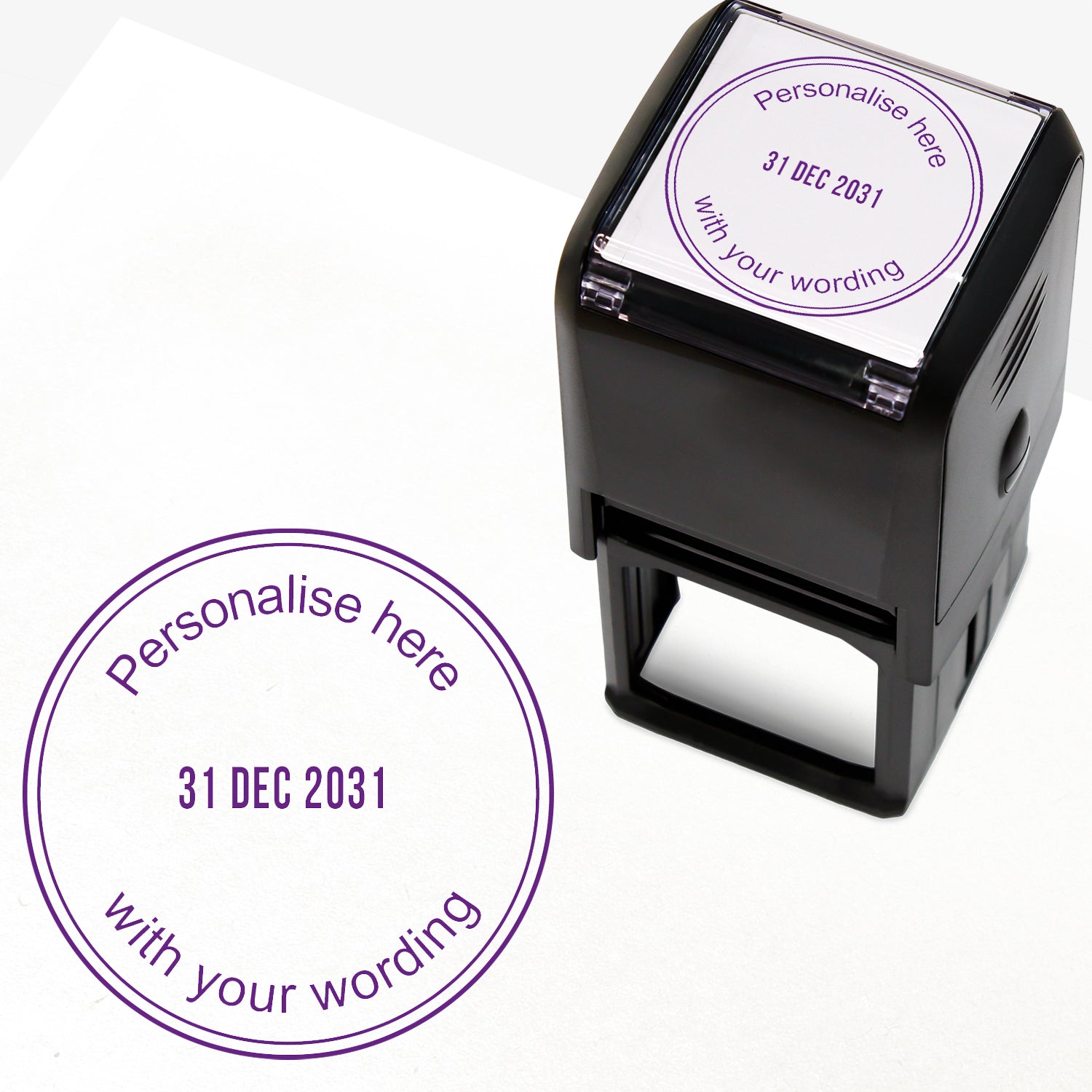 A self-inking stamp with purple ink. The impression within a purple circle includes the date '31 DEC 2031' in the centre, with the purple text 'Personalise here' curved along the top edge and 'with your wording' along the bottom edge of the circle.