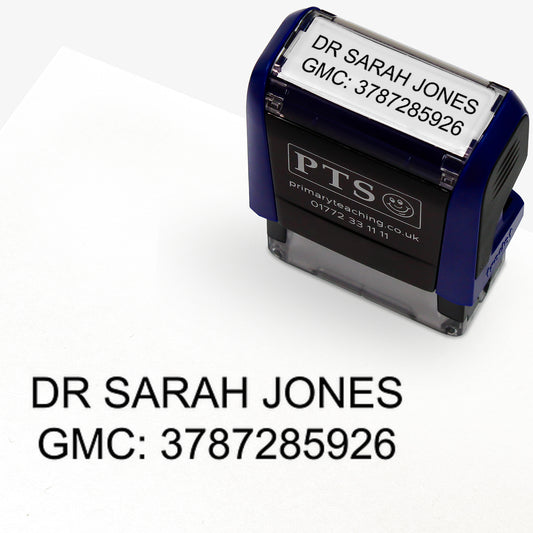 Rectangular self-inking stamper measuring 38mm by 14mm, featuring customisable text such as a healthcare professional's name and registration number; designed for medical documentation and administrative use.  Stamps black ink.