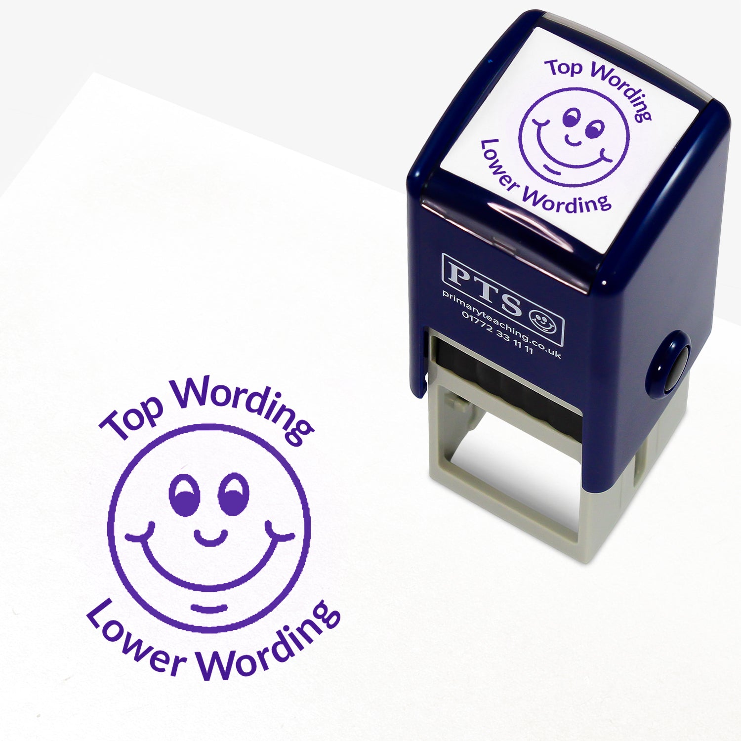 A 25mm round pre-inked teacher stamper with purple ink, featuring a smiling face, curving above the image is space for personalisation 'Top Wording' and curving below the image is space for personalisation 'Lower Wording' in a clear, bold font.