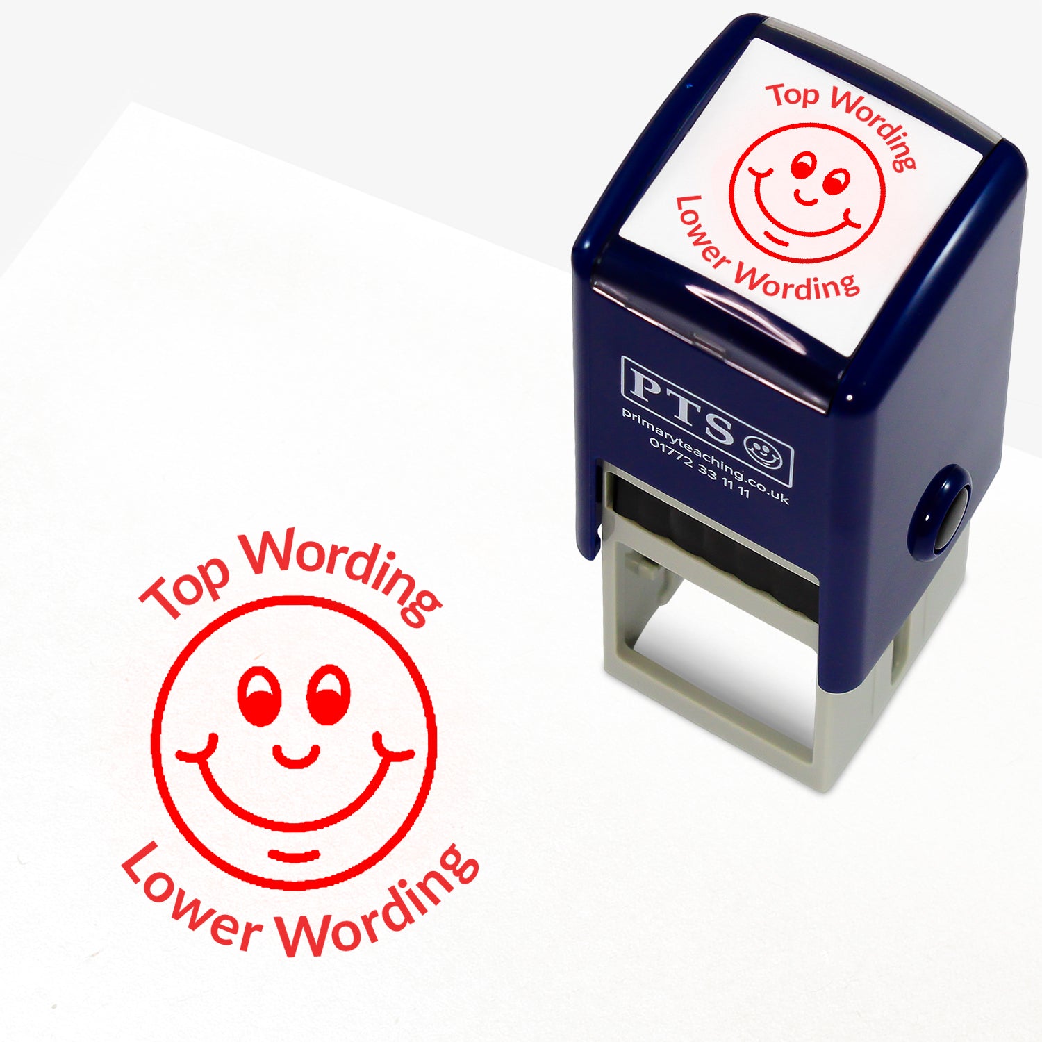 A 25mm round pre-inked teacher stamper with red ink, featuring a smiling face, curving above the image is space for personalisation 'Top Wording' and curving below the image is space for personalisation 'Lower Wording' in a clear, bold font.
