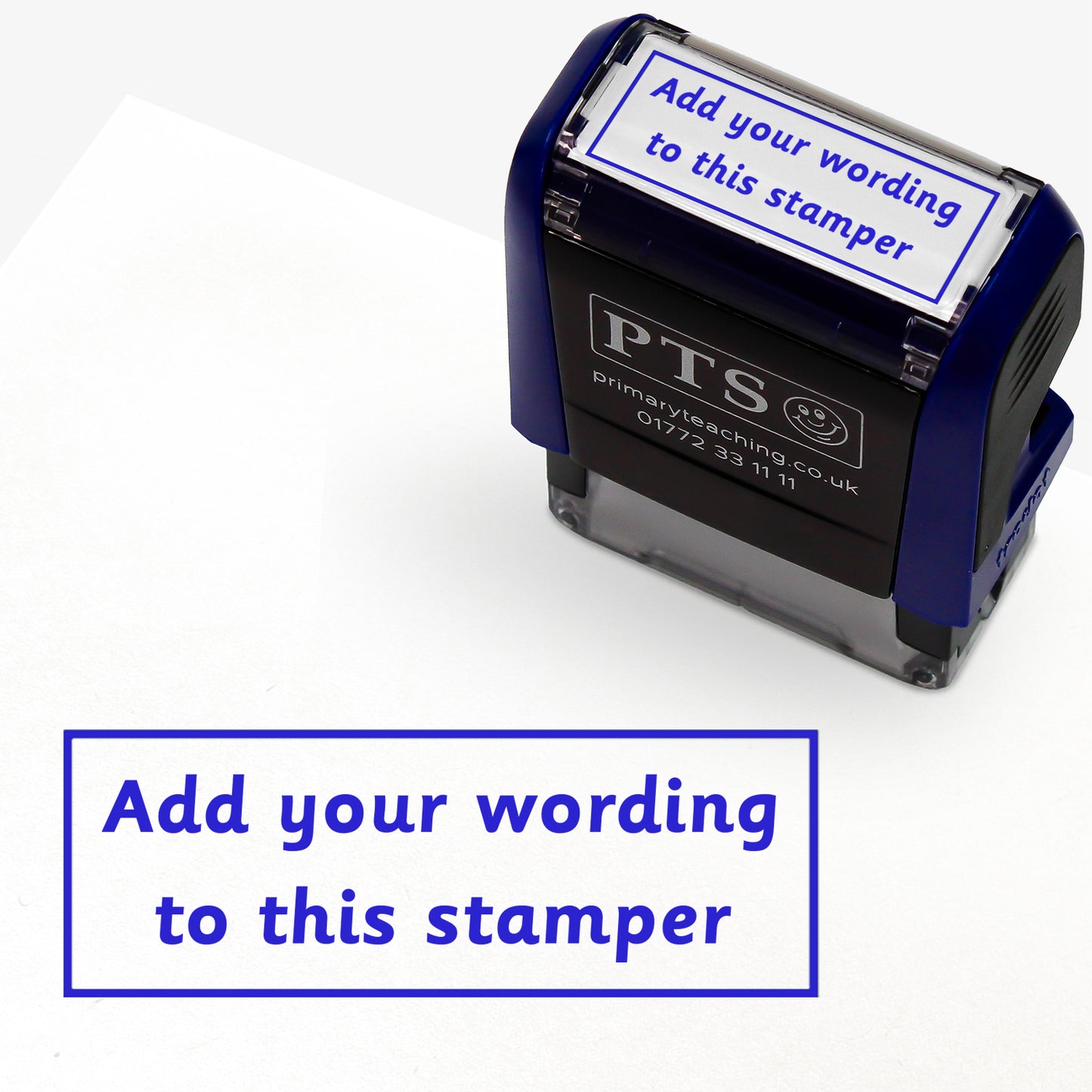 Rectangular self-inking stamper measuring 38mm by 15mm, featuring the phrase 'Add your wording to this stamper' within a text box across 2 lines, in blue ink.