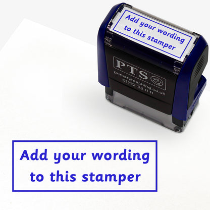 Rectangular self-inking stamper measuring 38mm by 15mm, featuring the phrase 'Add your wording to this stamper' within a text box across 2 lines, in blue ink.