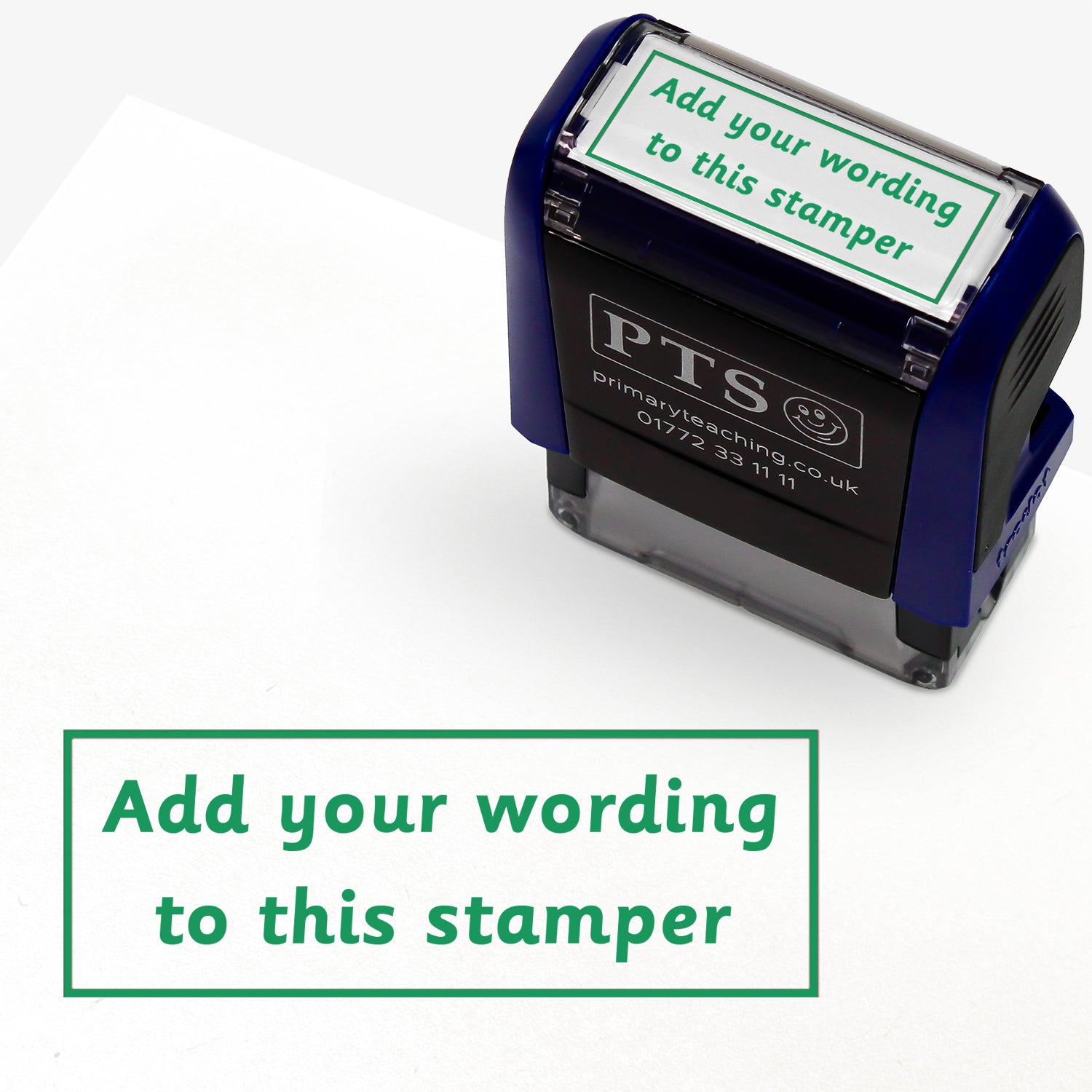 Rectangular self-inking stamper measuring 38mm by 15mm, featuring the phrase 'Add your wording to this stamper' within a text box across 2 lines, in green ink.