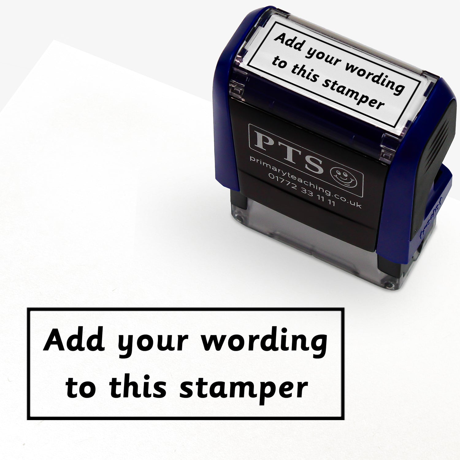 Rectangular self-inking stamper measuring 38mm by 15mm, featuring the phrase 'Add your wording to this stamper' within a text box across 2 lines, in black ink.