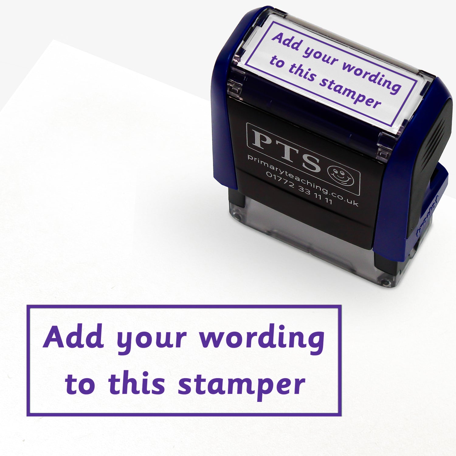 Rectangular self-inking stamper measuring 38mm by 15mm, featuring the phrase 'Add your wording to this stamper' within a text box across 2 lines, in purple ink.