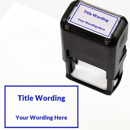 Rectangular self-inking stamper measuring 41mm by 24mm, featuring the phrase 'Title Wording' and 'Your Wording Here' within a text box across 2 lines, in blue ink.