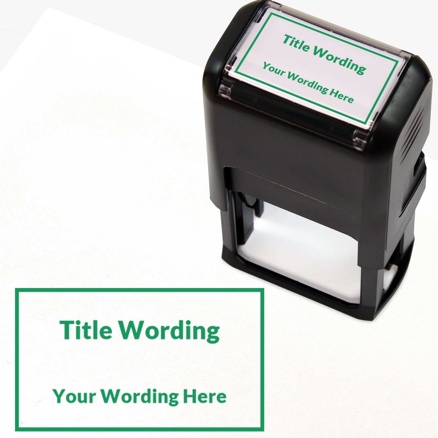 Rectangular self-inking stamper measuring 41mm by 24mm, featuring the phrase 'Title Wording' and 'Your Wording Here' within a text box across 2 lines, in green ink.