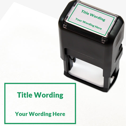 Rectangular self-inking stamper measuring 41mm by 24mm, featuring the phrase 'Title Wording' and 'Your Wording Here' within a text box across 2 lines, in green ink.