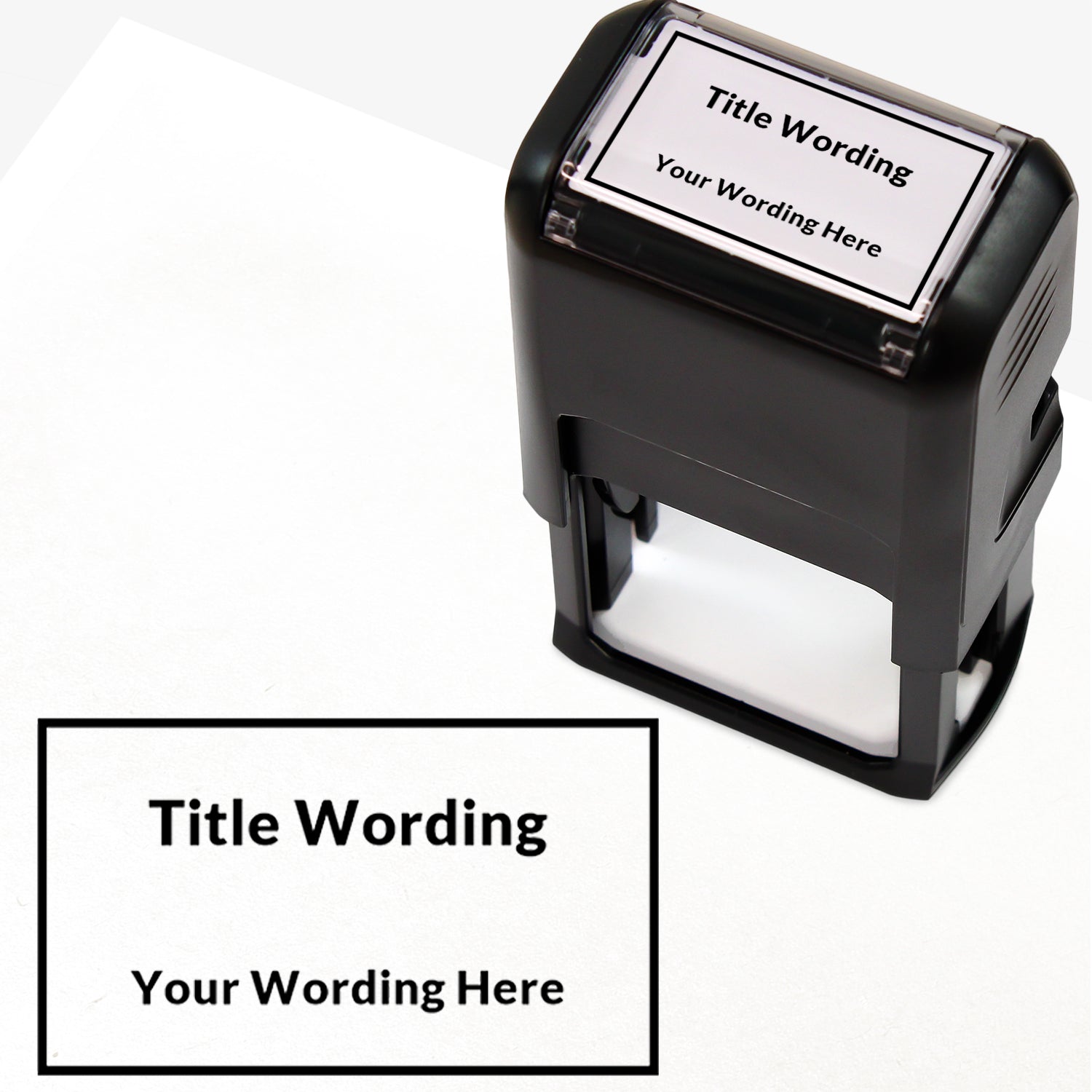 Rectangular self-inking stamper measuring 41mm by 24mm, featuring the phrase 'Title Wording' and 'Your Wording Here' within a text box across 2 lines, in black ink.