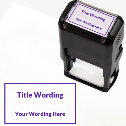 Rectangular self-inking stamper measuring 41mm by 24mm, featuring the phrase 'Title Wording' and 'Your Wording Here' within a text box across 2 lines, in purple ink.