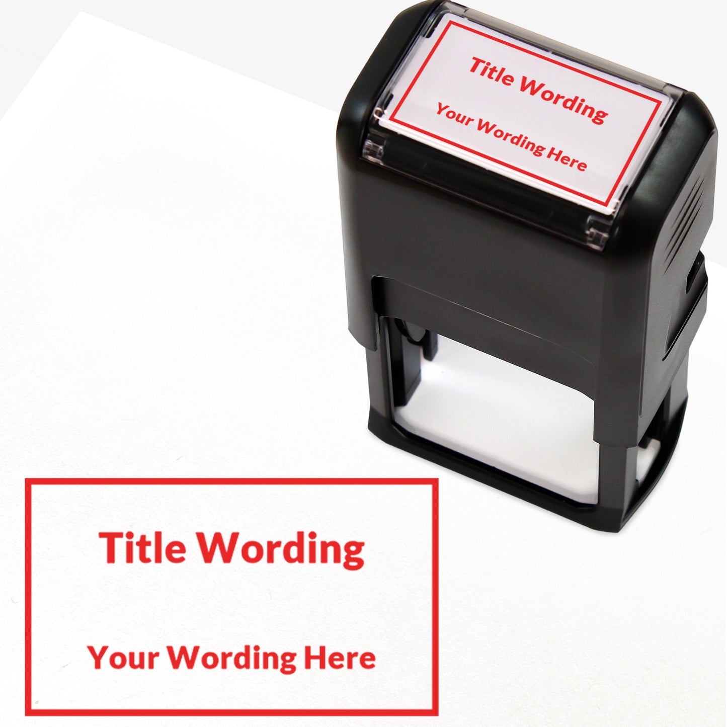 Rectangular self-inking stamper measuring 41mm by 24mm, featuring the phrase 'Title Wording' and 'Your Wording Here' within a text box across 2 lines, in red ink.